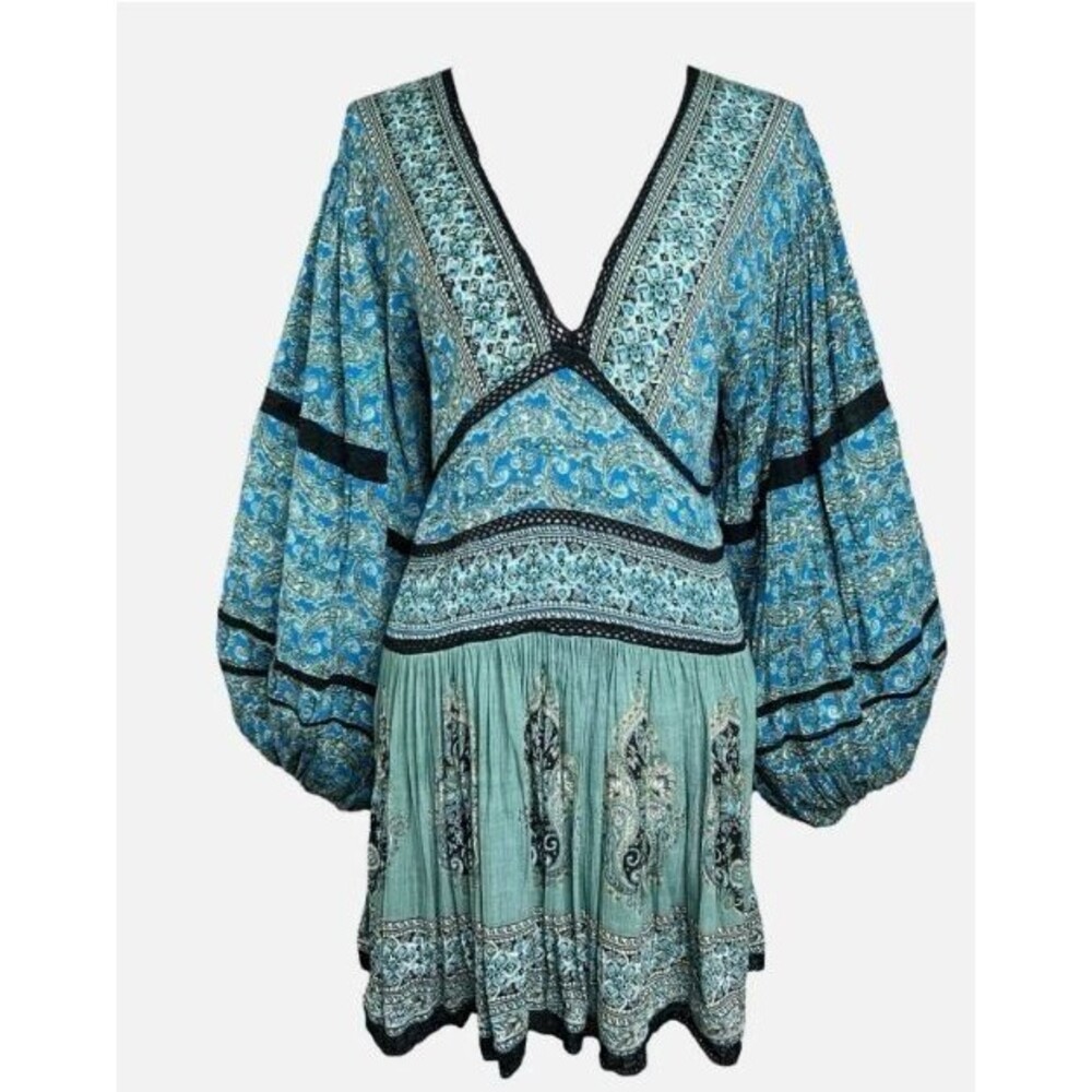 Free People Shirt Mini Dress XS Babydoll Puff Sleeve Festival Peplum Empire